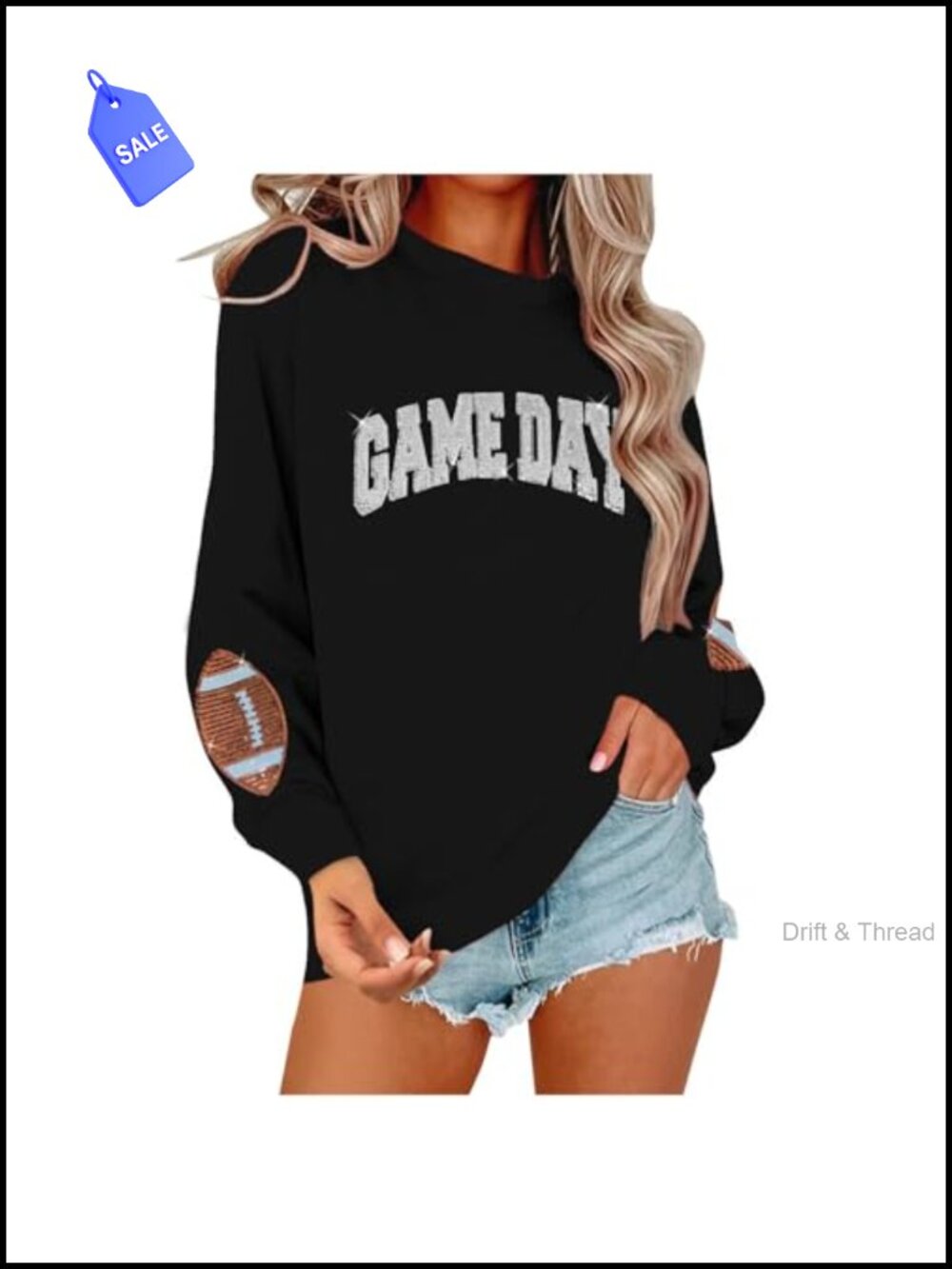 Sequin Football Sweatshirt Long Sleeve Crew Neck Game Day Womens
